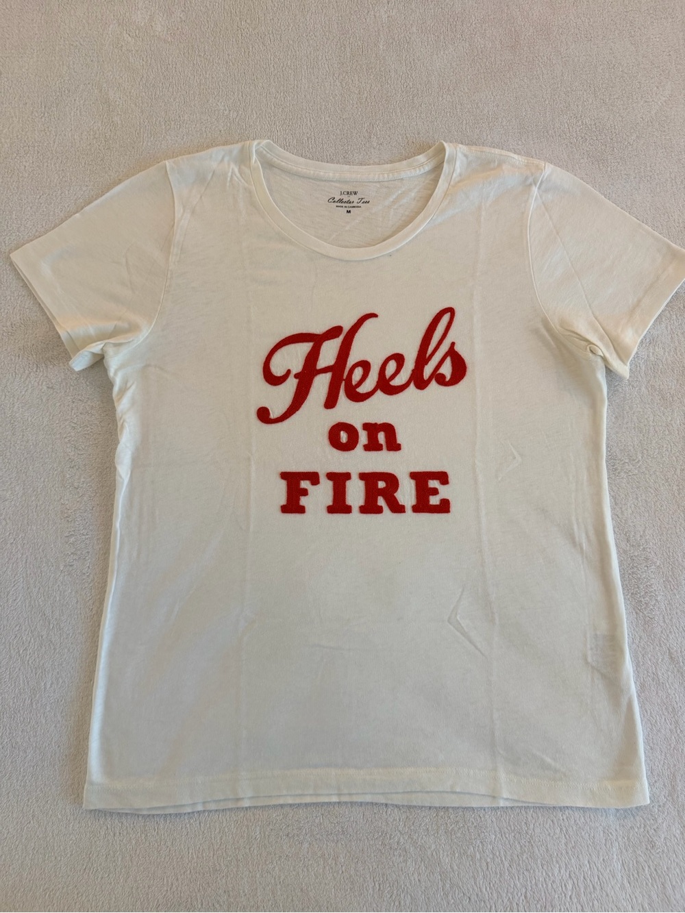 J. Crew White Short Sleeve Tee with Red "Heels on Fire" Graphic